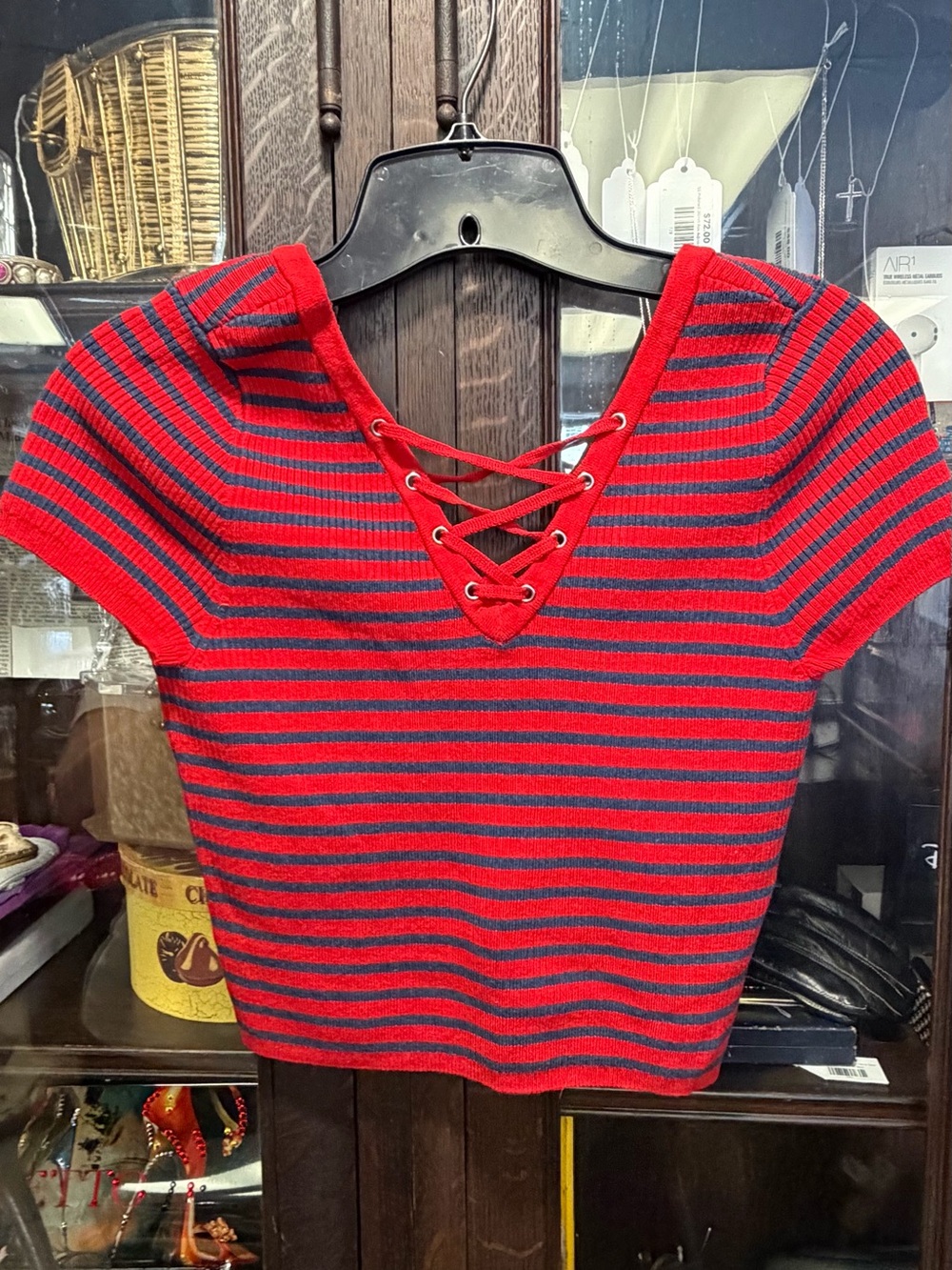 NWT BOG Collective Red Navy Striped Lace-Up Knit Top Size S/P